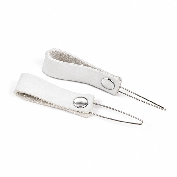 Slingshot pouch pull through tool — leather finger loop with wire band threader, 66mm