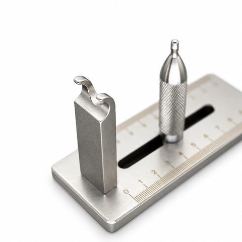 Slingshot band tying jig close-up — forked band post and knurled sliding pouch post