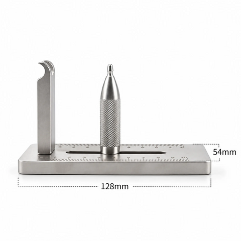 Stainless steel band tying jig dimensions — 128mm x 54mm solid base, 567g