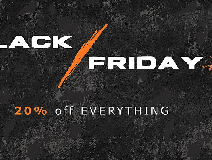 Black Friday sale banner with 20% off everything offer on a dark textured background