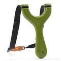 Hornet slingshot in green, SimpleShot Fowler frame with tie-on band slots
