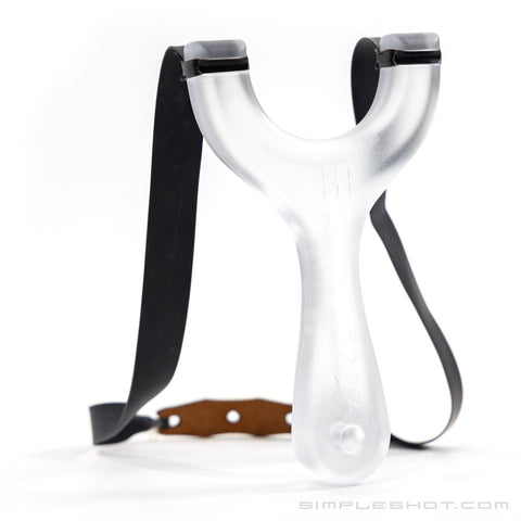 Hornet slingshot in clear, see-through SimpleShot frame designed by Zach Fowler
